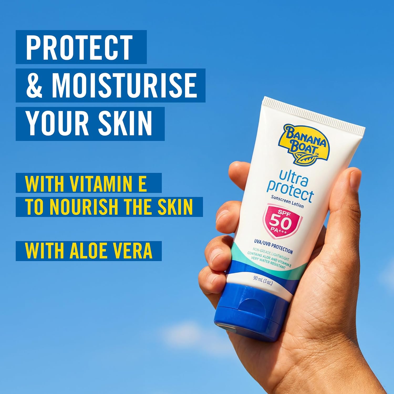 Banana Boat Ultra Protect Sunscreen Lotion Spf50 Pa++++ 90ml With Uva & Uvb Protection, Aloe Vera & Vitamin E, Lightweight Non-greasy & Very Water Resistant (1+1 Offer)