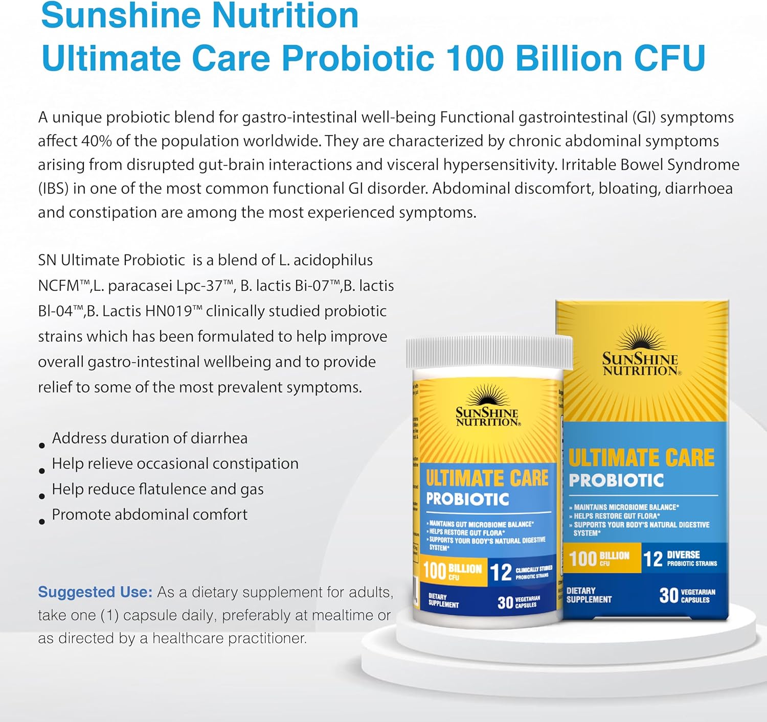 Sunshine Nutrition Ultimate Care Probiotic Veg Capsules For Digestive & Immune Support 30's