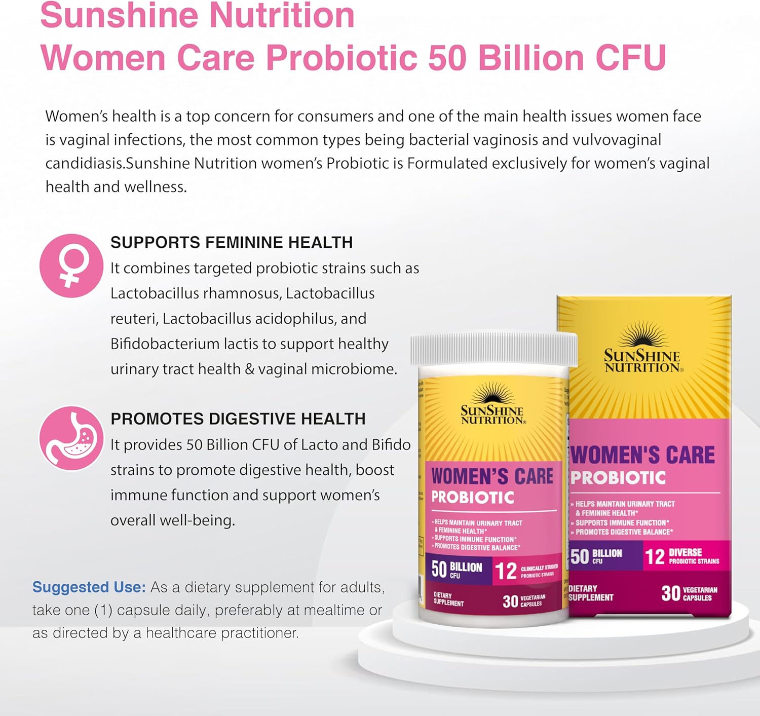 Sunshine Nutrition Women's Care Probiotic Veg Capsules For Feminine, Digestive & Immune Support 30's