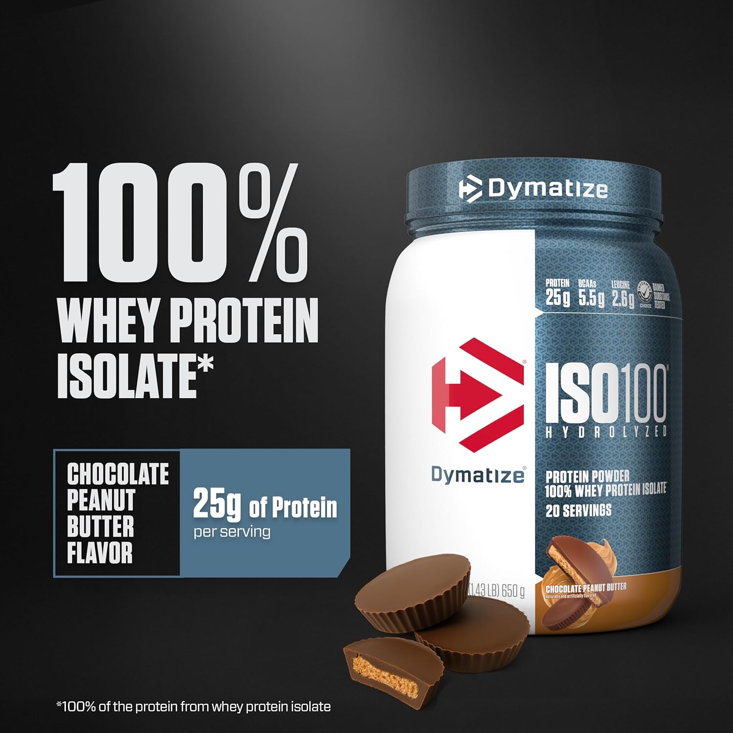 Dymatize Iso100 Hydrolyzed Whey Protein Chocolate Peanut Butter 20 Servings 1.3 Lb (590 G) For Fast-absorbing Muscle Recovery