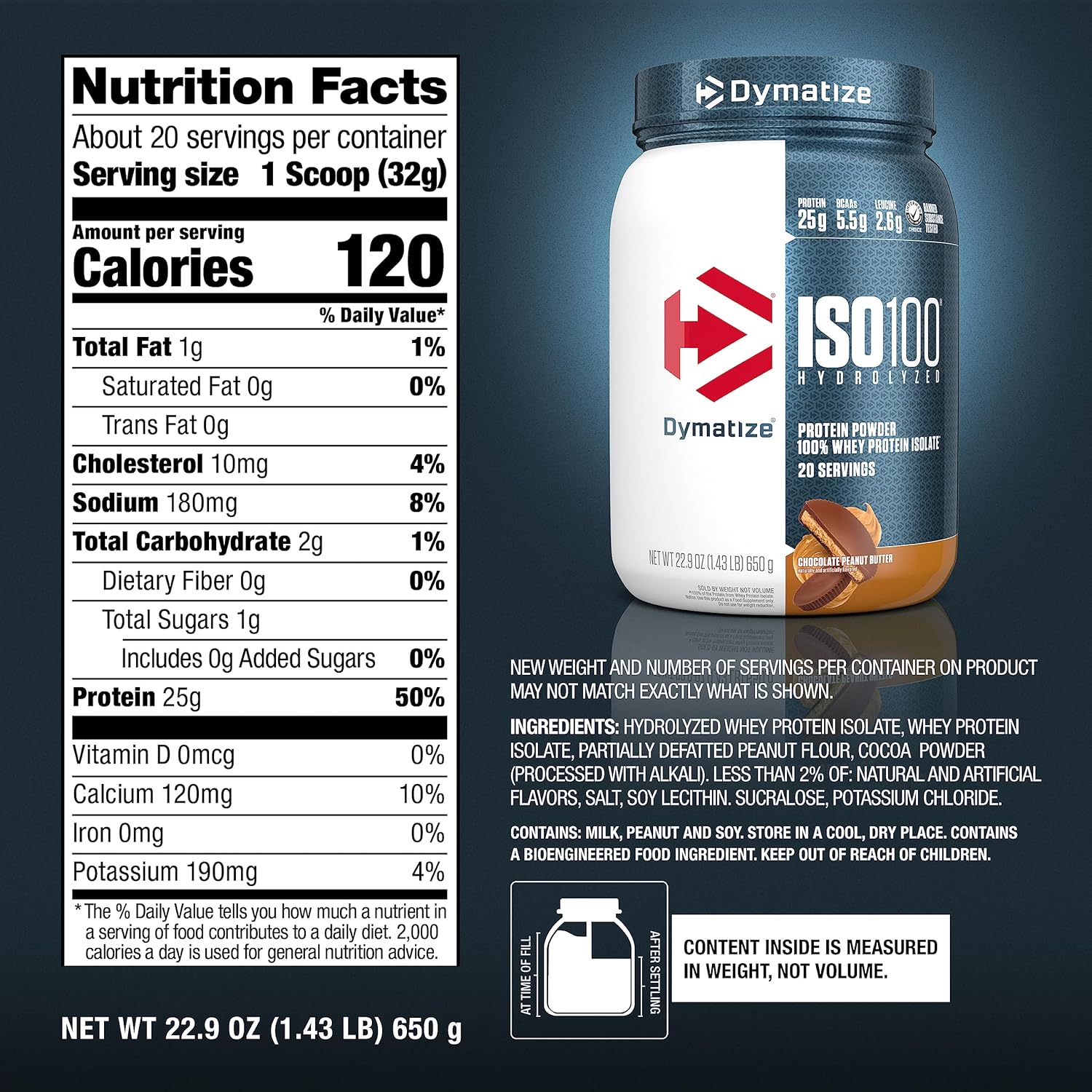 Dymatize Iso100 Hydrolyzed Whey Protein Chocolate Peanut Butter 20 Servings 1.3 Lb (590 G) For Fast-absorbing Muscle Recovery