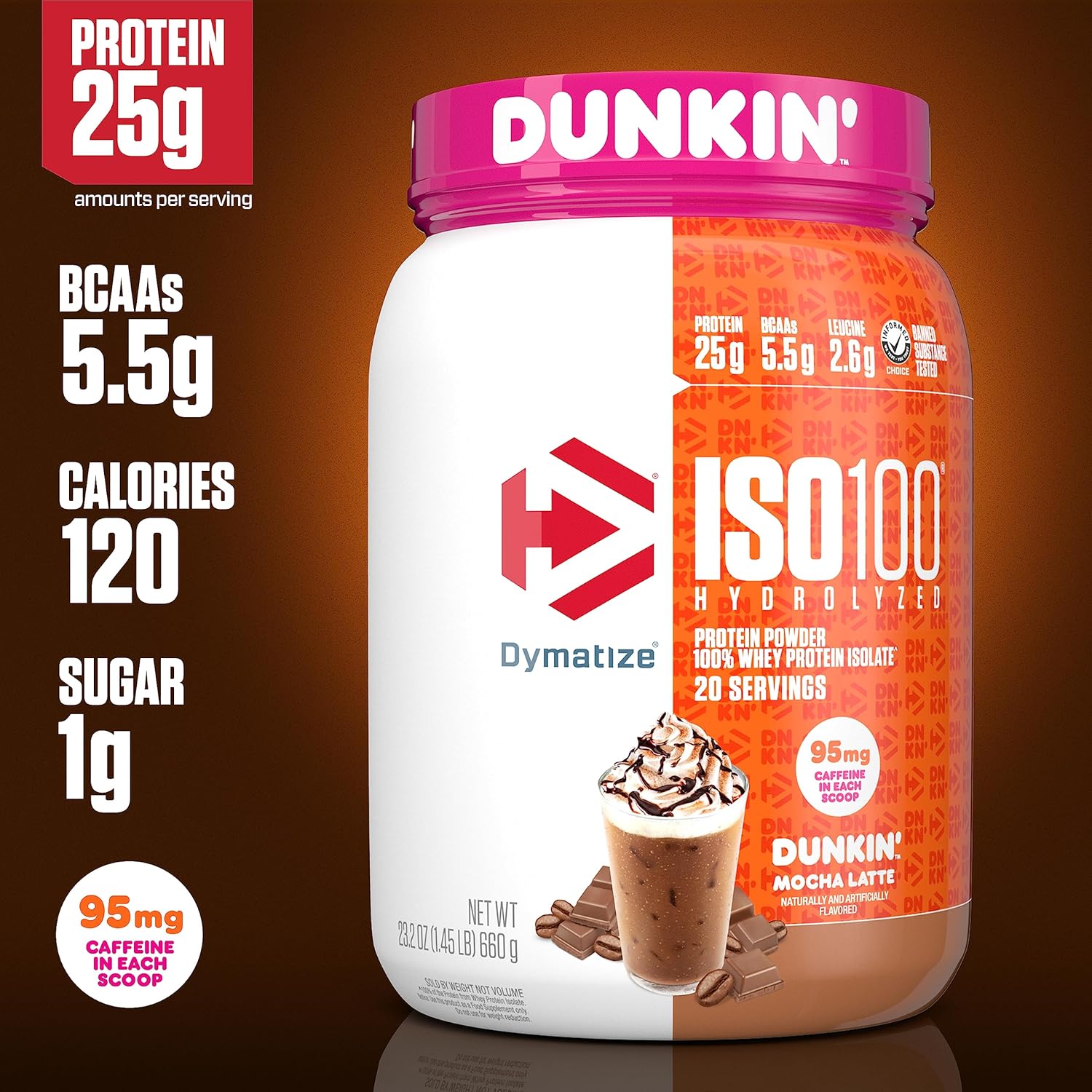 Dymatize Iso100 Hydrolyzed Whey Protein Dunkin’ Mocha Latte 20 Servings 1.3 Lb (590 G) For Fast-absorbing Muscle Recovery