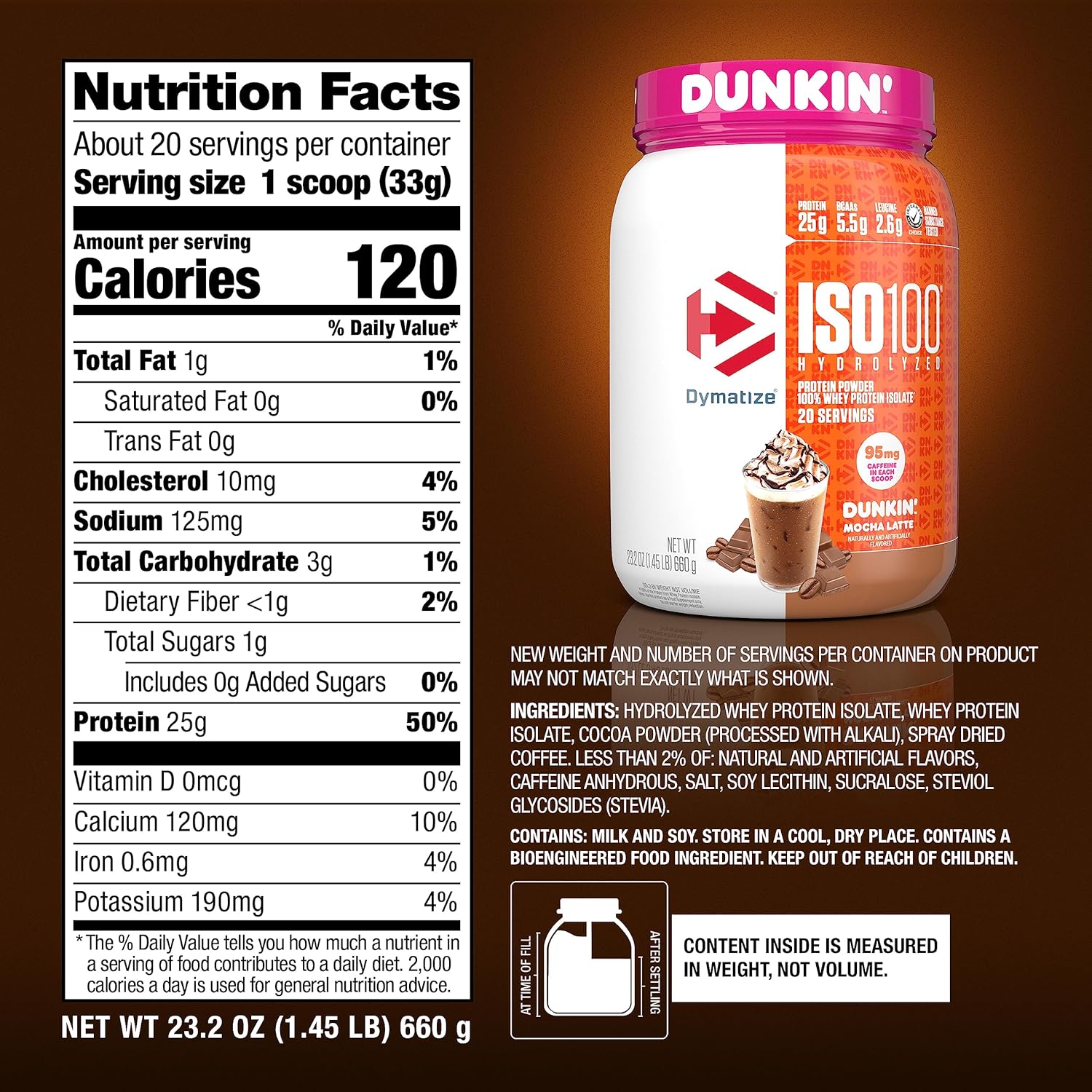 Dymatize Iso100 Hydrolyzed Whey Protein Dunkin’ Mocha Latte 20 Servings 1.3 Lb (590 G) For Fast-absorbing Muscle Recovery