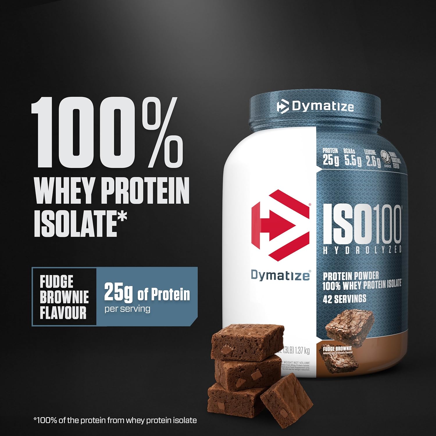 Dymatize Iso100 Hydrolyzed Whey Protein Fudge Brownie 1.3lb With 25g Protein & 5.5g Bcaas