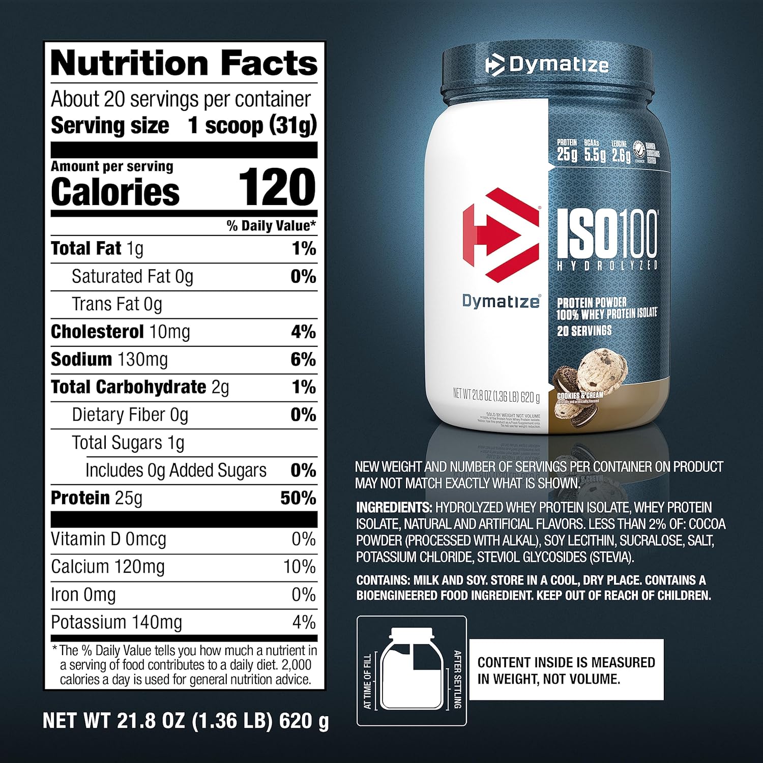 Dymatize Iso100 Hydrolyzed Whey Protein Cookies & Cream 1.3lb With 25g Protein & 5.5g Bcaas