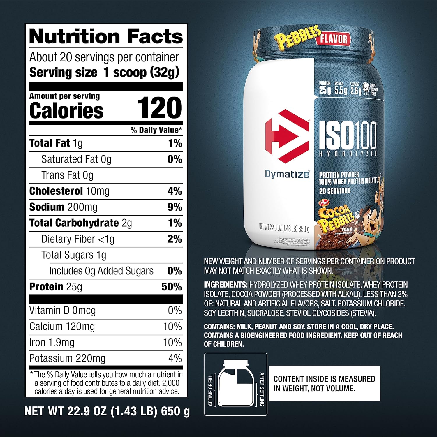 Dymatize Iso100 Hydrolyzed Whey Protein Cocoa Pebbles 20 Servings 1.3lb (600g) With 25g Protein & 5.5g Bcaas For Fast-absorbing Muscle Recovery