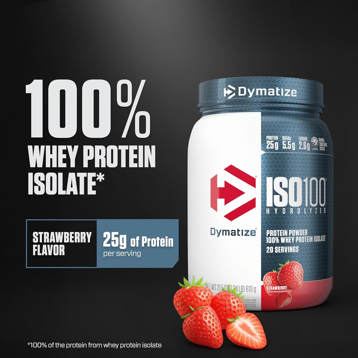 Dymatize Iso100 Hydrolyzed Whey Protein Strawberry 20 Servings 1.3lb (600g) With 25g Protein & 5.5g Bcaas For Fast-absorbing Muscle Recovery