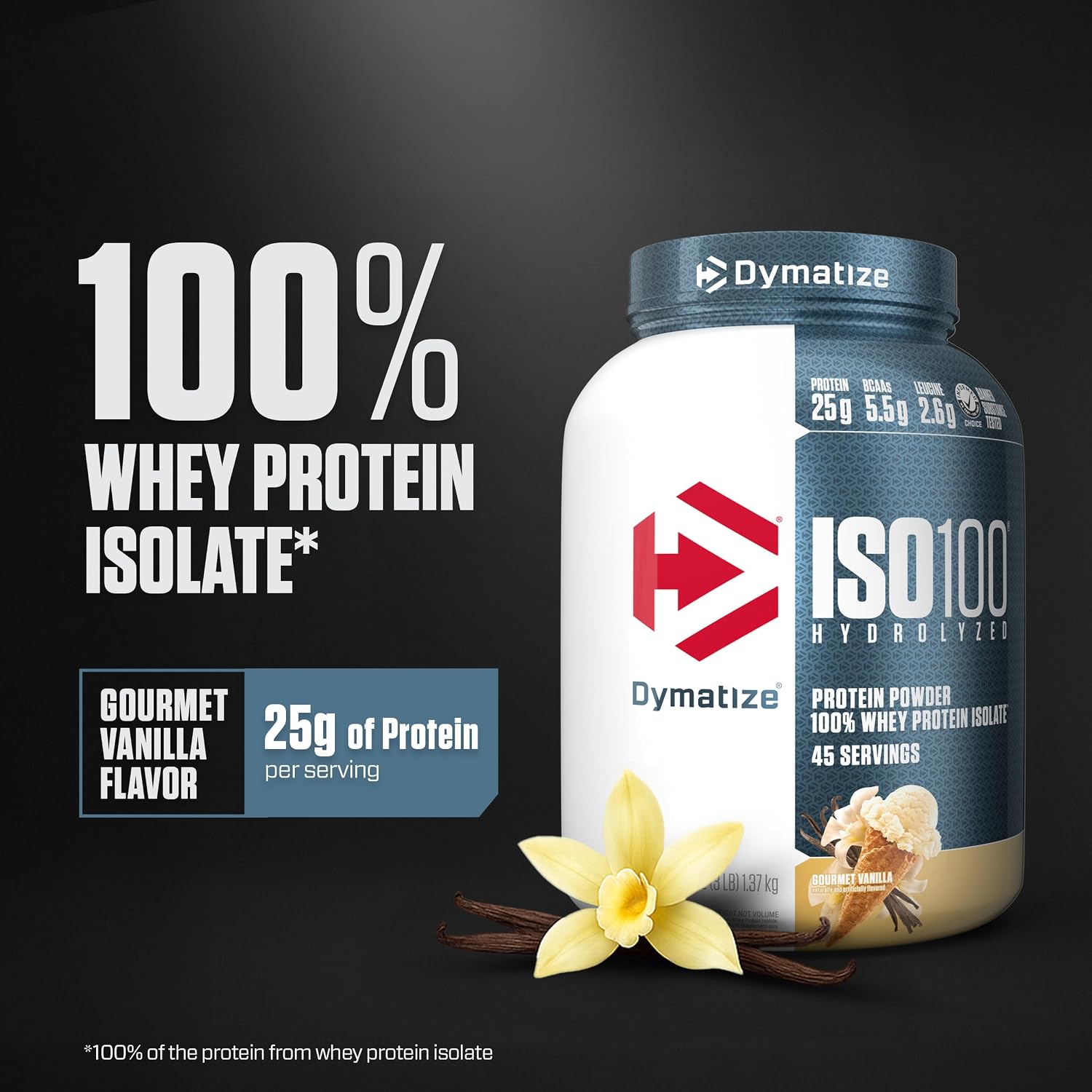 Dymatize Iso100 Hydrolyzed Whey Protein Isolate Gourmet Vanilla 3lb – 25g Fast-absorbing Protein For Muscle Recovery