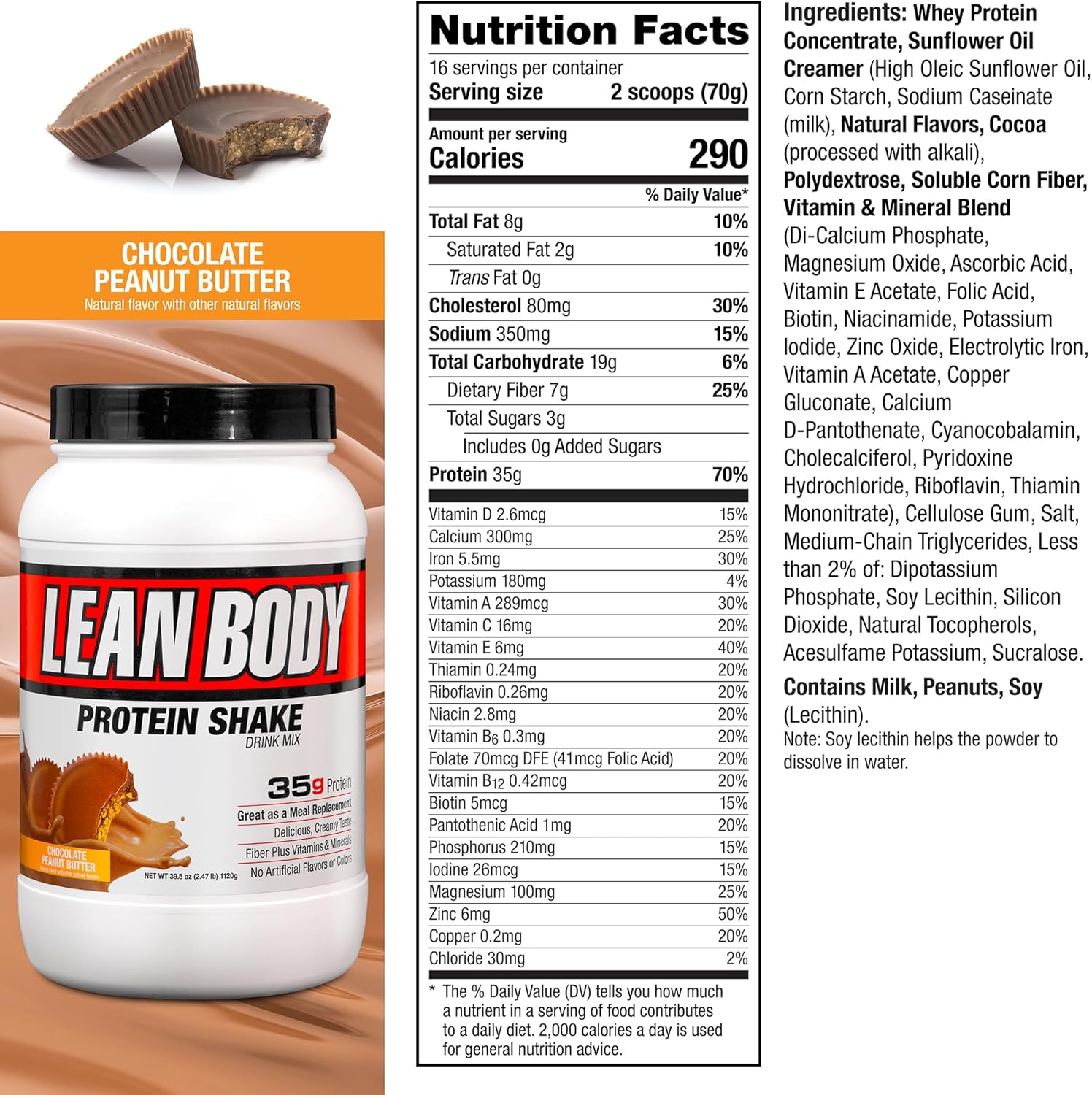 Labrada Lean Body Meal Replacement Shake Chocolate Peanut Butter For Weight Management & Nutrition Support 2.47lb