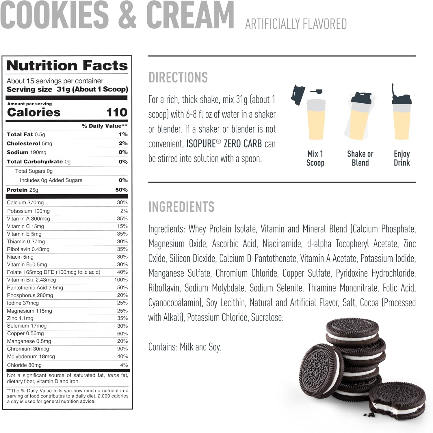 Natures Best Isopure Zero Carb Whey Protein Isolate Cookies & Cream 1lb – 25g Protein For Muscle Support & Recovery