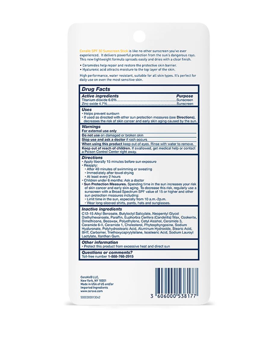 Cerave Sunscreen Stick Spf50 Invisible Zinc 13.32g For On-the-go Sun Protection