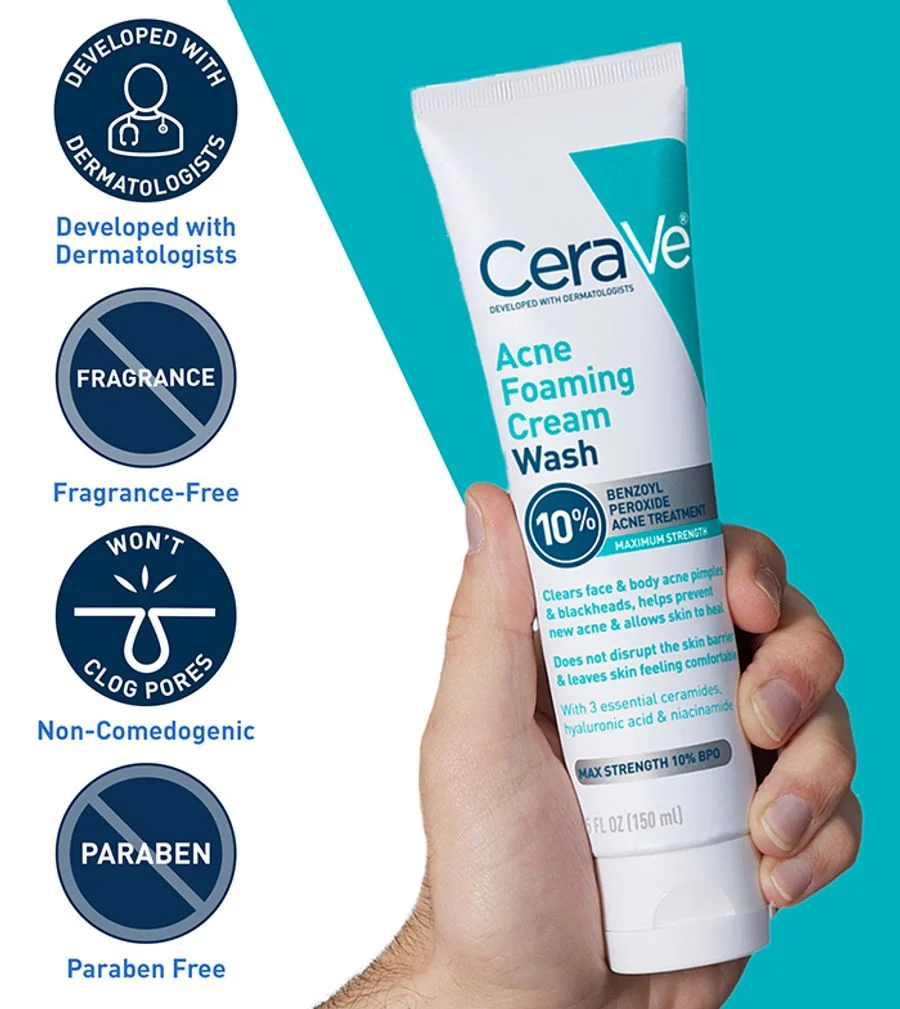 Cerave Acne Foaming Cream Wash 10% Benzoyl Peroxide 150ml – Maximum Strength Acne Treatment