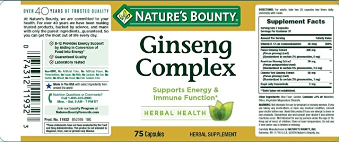 Nature`S Bounty Ginseng With Royal Jelly 75 Capsules