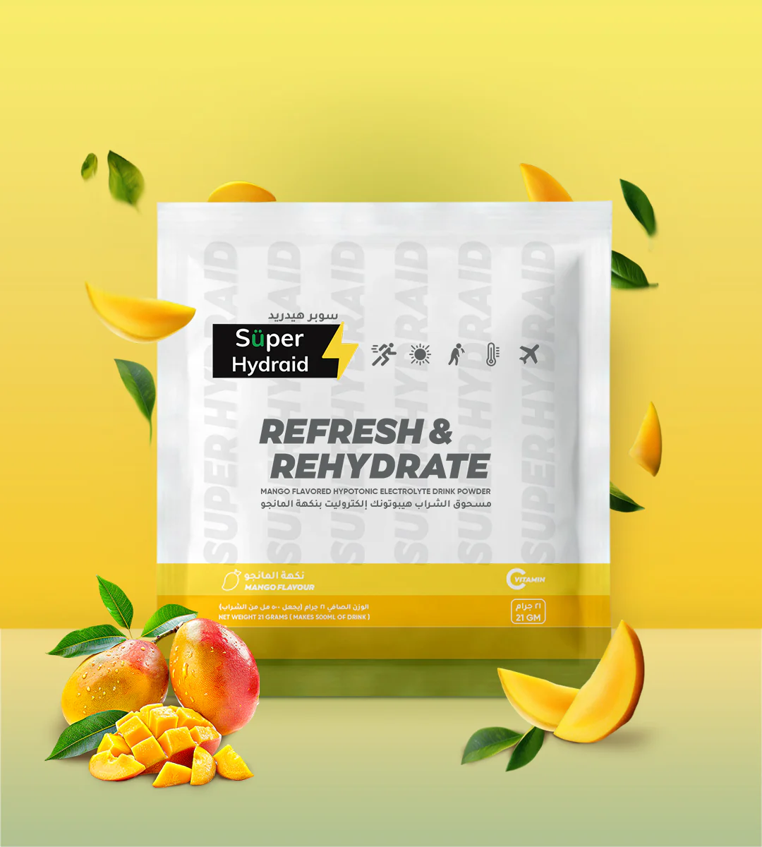 Super Hydraid Hypotonic Electrolyte Drink Powder - Mango Flavor (21g, 10 Sachets)