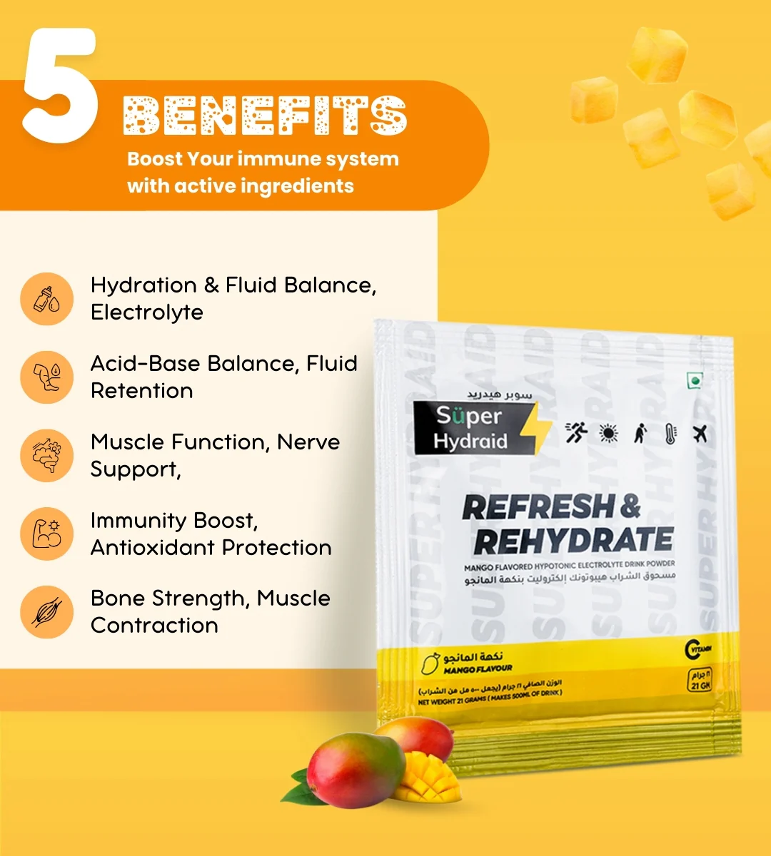 Super Hydraid Hypotonic Electrolyte Drink Powder - Mango Flavor (21g, 10 Sachets)