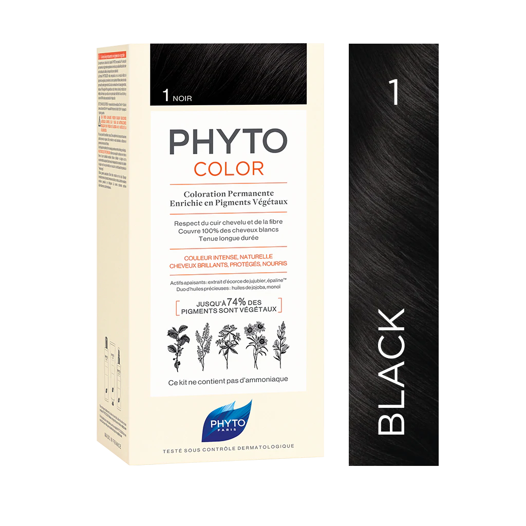 Phyto Phytocolor Permanent Hair Colour 1 Black With Botanical Pigments For 100% Grey Hair Coverage, Intense & Long-lasting Colour