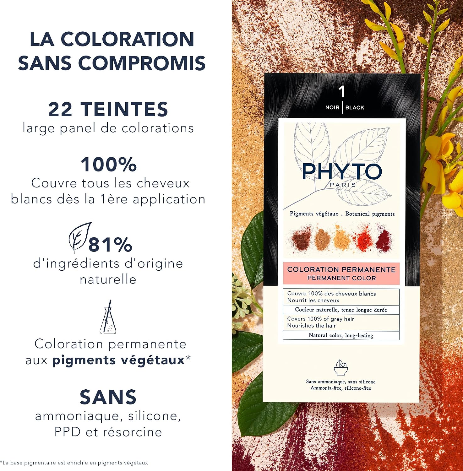 Phyto Phytocolor Permanent Hair Colour 1 Black With Botanical Pigments For 100% Grey Hair Coverage, Intense & Long-lasting Colour