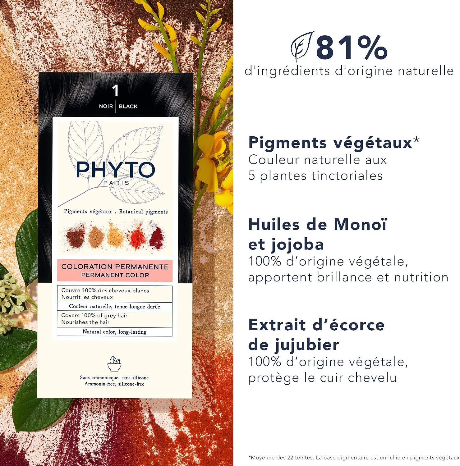 Phyto Phytocolor Permanent Hair Colour 1 Black With Botanical Pigments For 100% Grey Hair Coverage, Intense & Long-lasting Colour