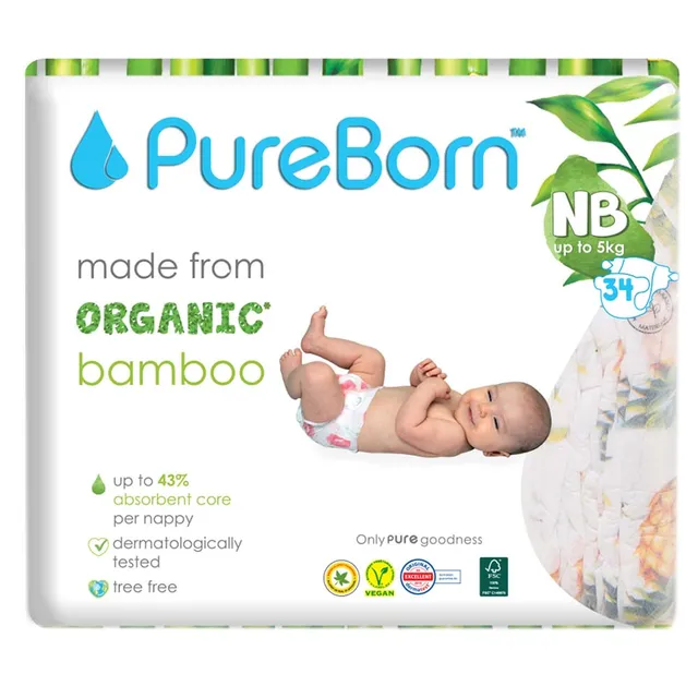 Pureborn Newborn Nappies Size 1 For 0-4.5kg Babies 34 Pcs