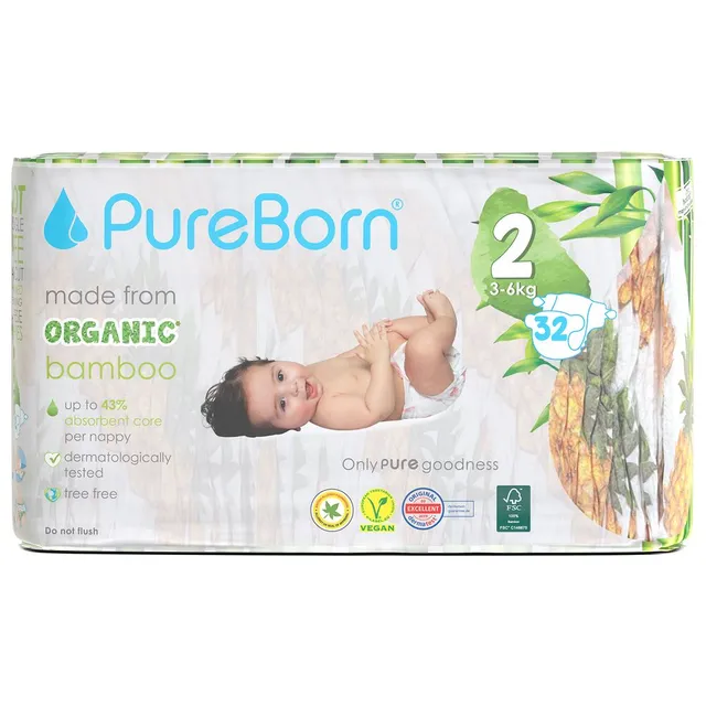 Pureborn Diapers Size 2 Singles (3–6 Kg) 32 Pcs