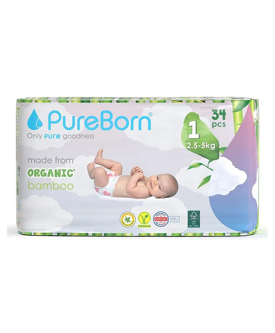 Pureborn Diapers Size 1 Singles (up To 5 Kg) 34 Pcs