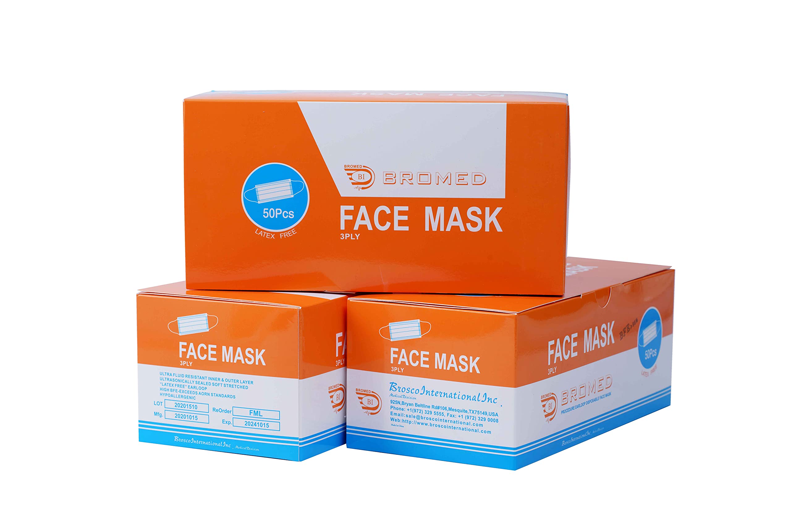 Bromed 3-ply Ear Loop Face Masks, Pack Of 50