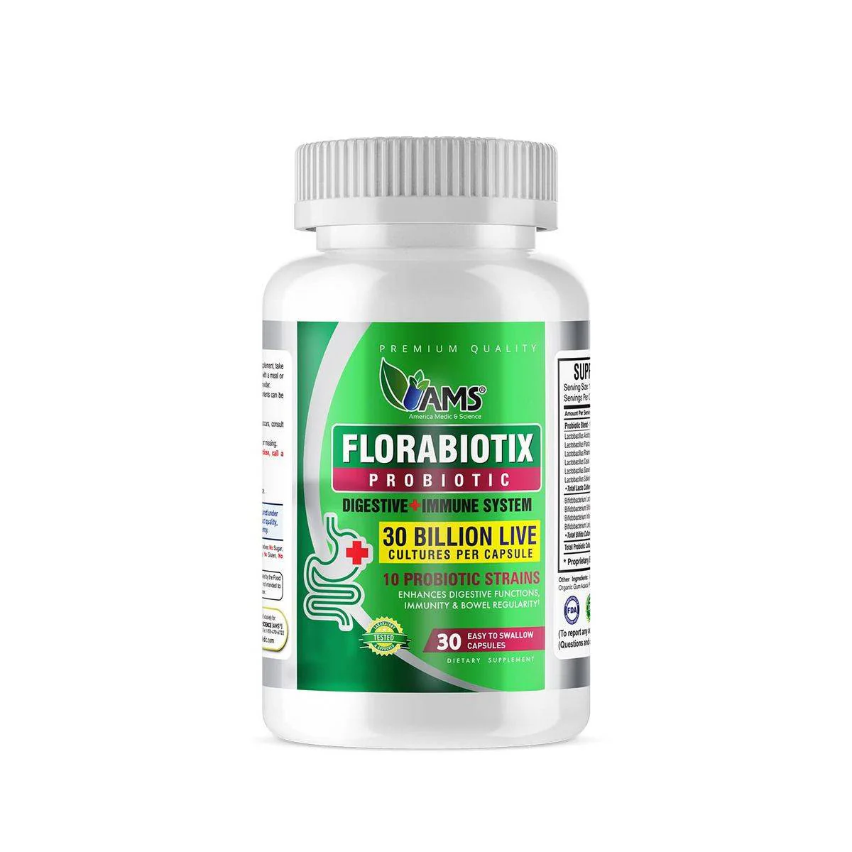 Ams Florabiotix Probiotic 30 Billion Capsules For Digestion, Bowel Regularity & Immunity Support 30's