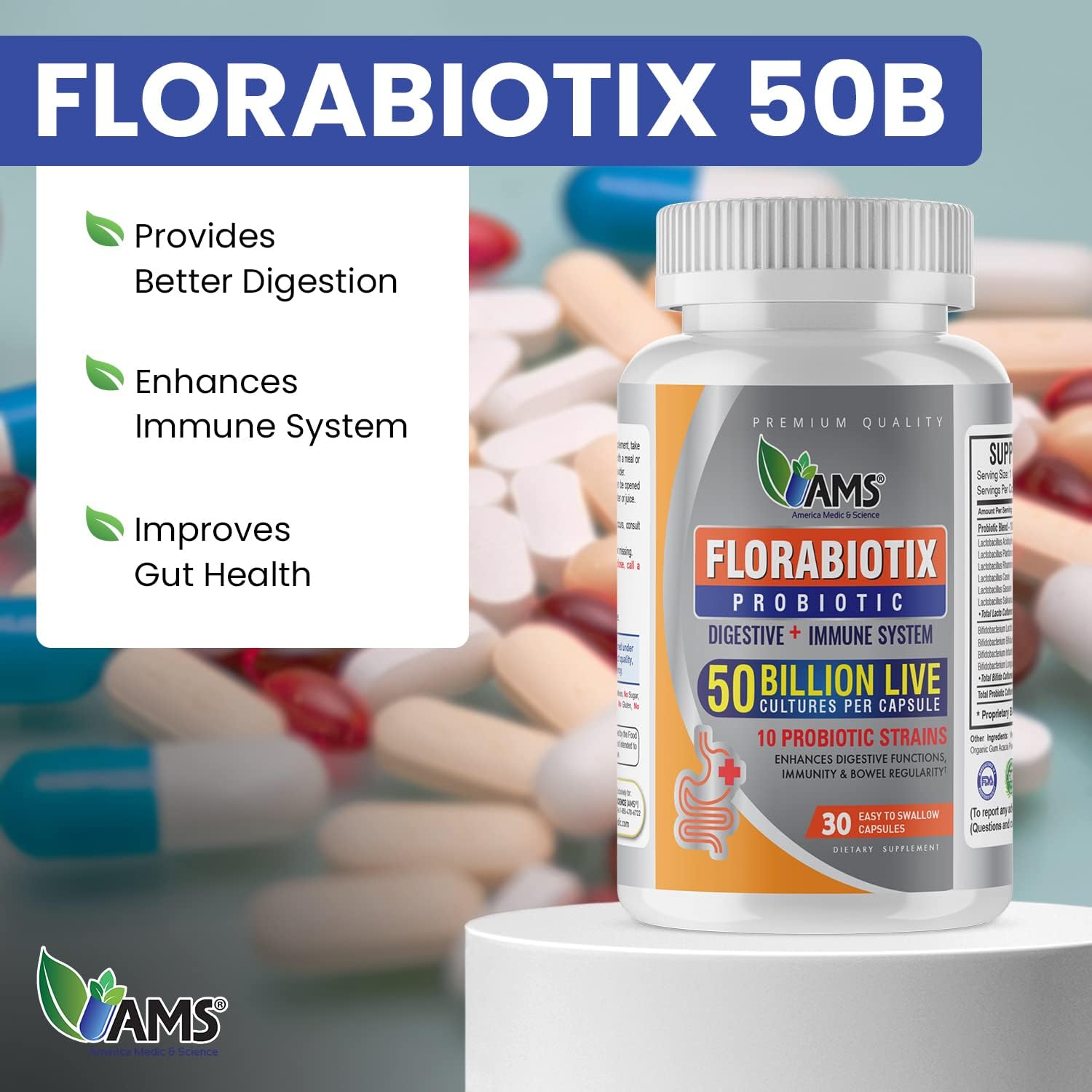 Ams Florabiotix Probiotic 50 Billion Capsules For Advanced Digestive & Immune Support 30's