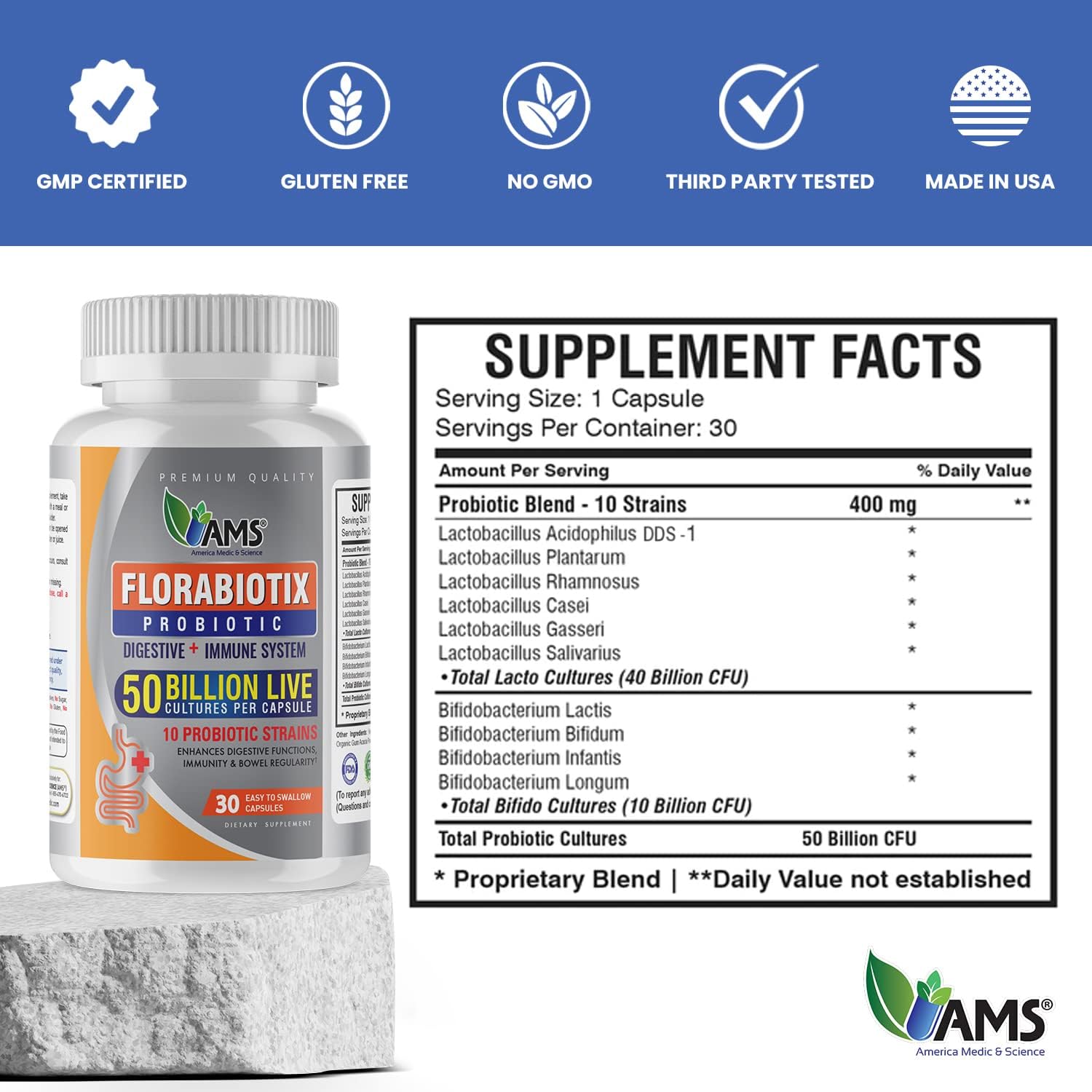 Ams Florabiotix Probiotic 50 Billion Capsules For Advanced Digestive & Immune Support 30's