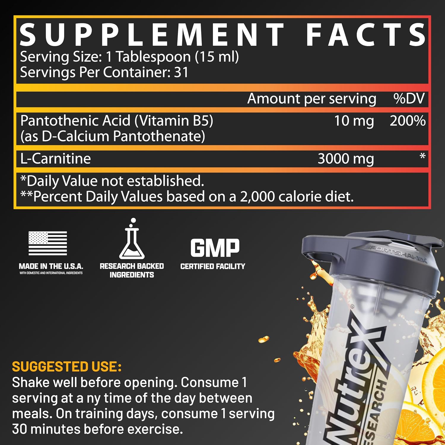 Nutrex Lipo-carnitine 3000 Liquid Orange Mango For Energy & Fat Metabolism 16oz