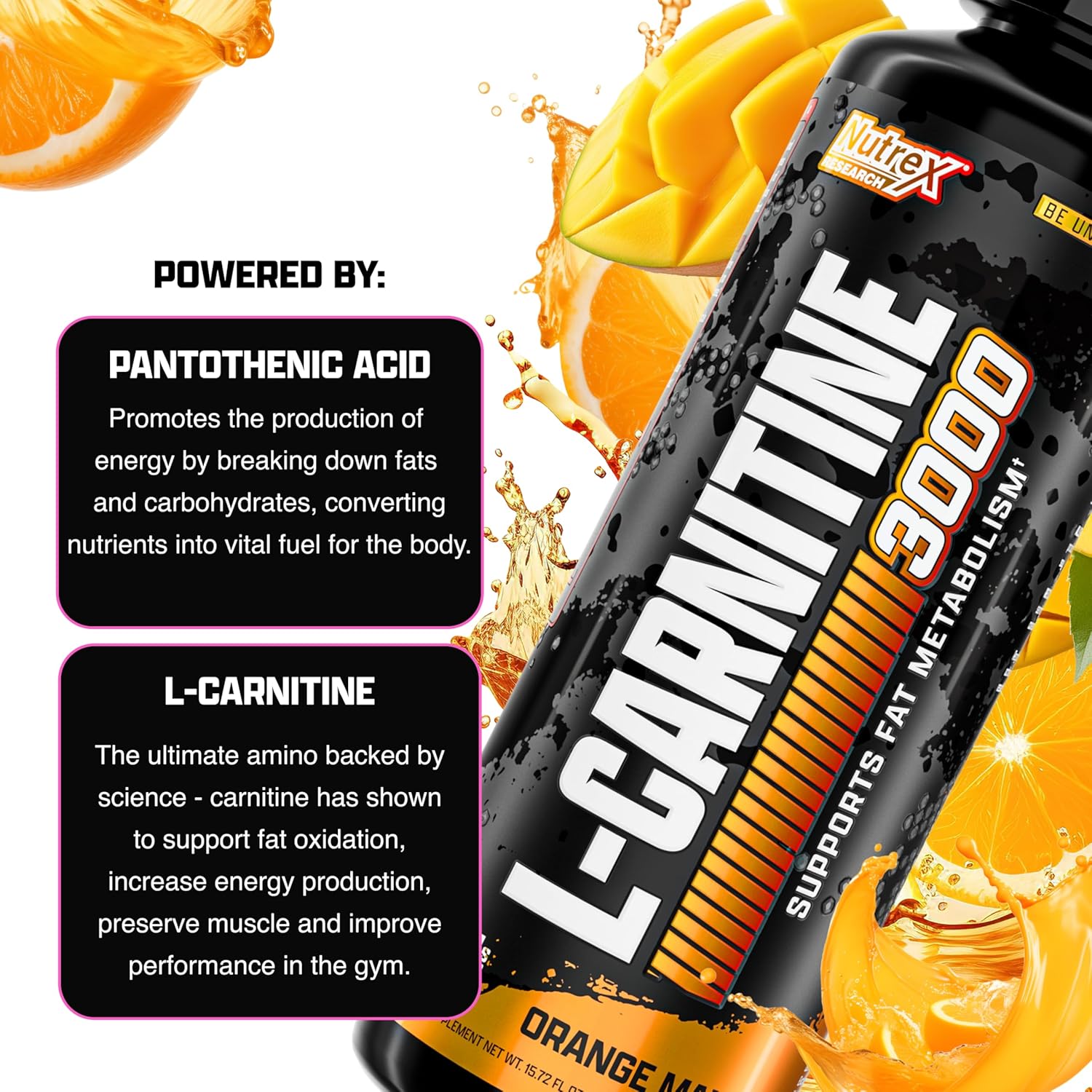 Nutrex Lipo-carnitine 3000 Liquid Orange Mango For Energy & Fat Metabolism 16oz