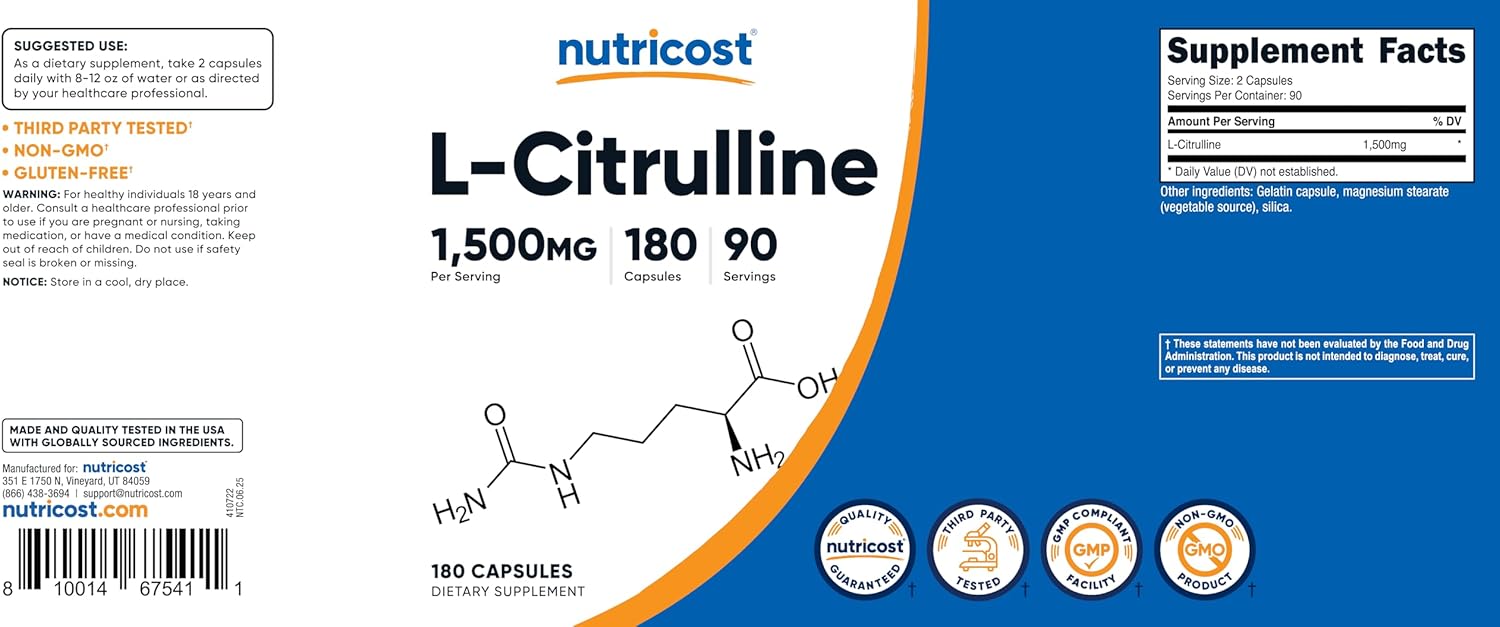 Nutricost L-citrulline 1500mg Capsules For Nitric Oxide & Workout Performance 180's