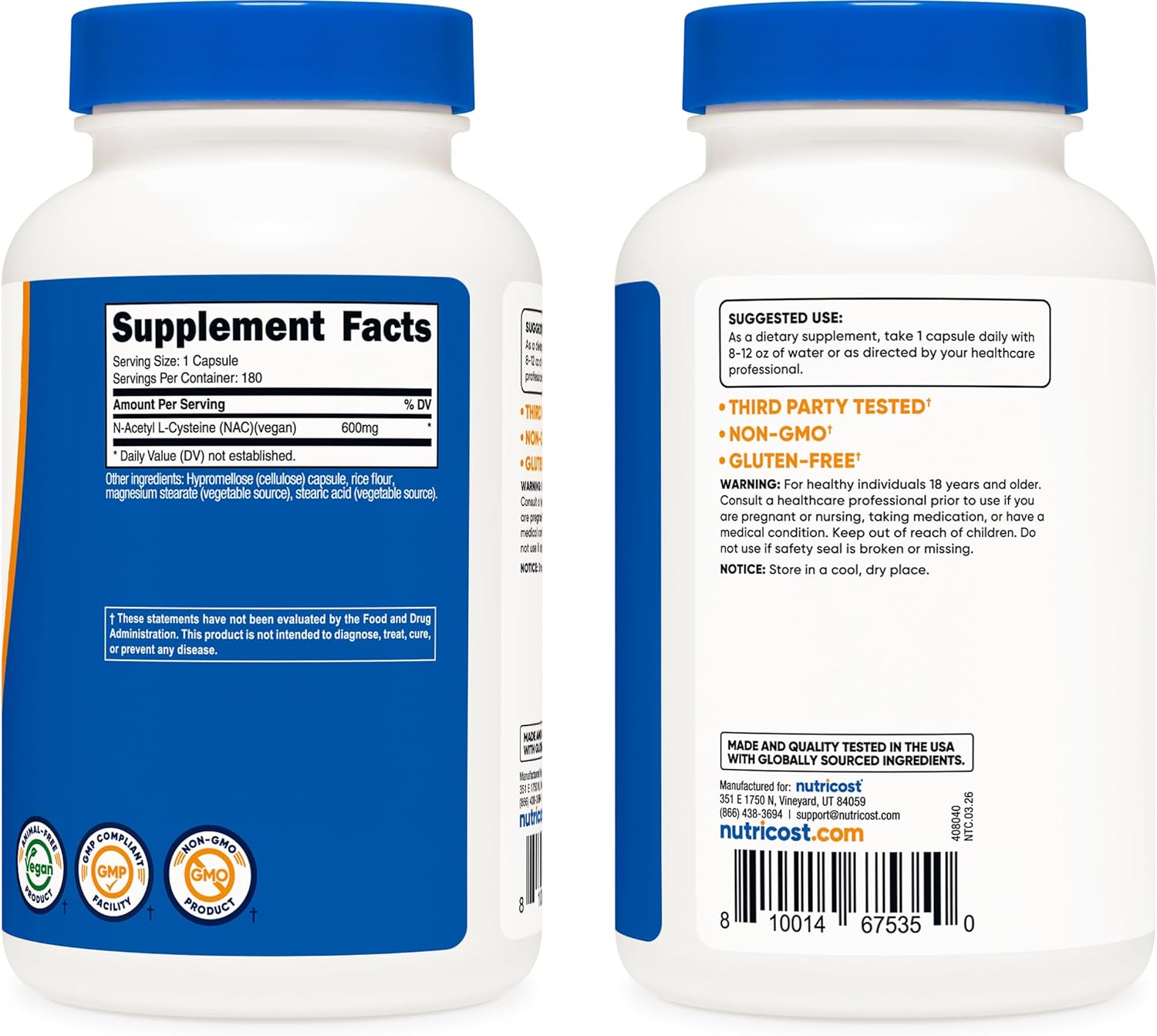 Nutricost N-acetyl L-cysteine 600mg Capsules For Antioxidant & Liver Support 180's
