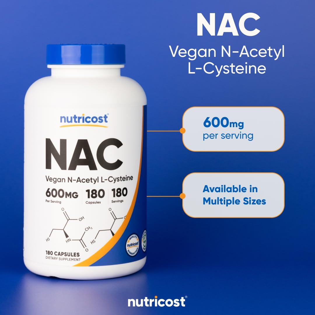 Nutricost N-acetyl L-cysteine 600mg Capsules For Antioxidant & Liver Support 180's