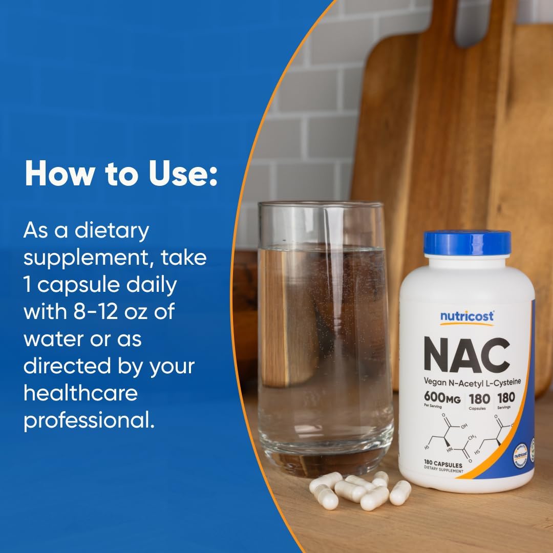 Nutricost N-acetyl L-cysteine 600mg Capsules For Antioxidant & Liver Support 180's