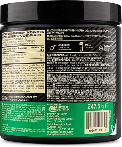 Optimum Nutrition Micronised Creatine Powder Orange For Strength & Performance 247.5g