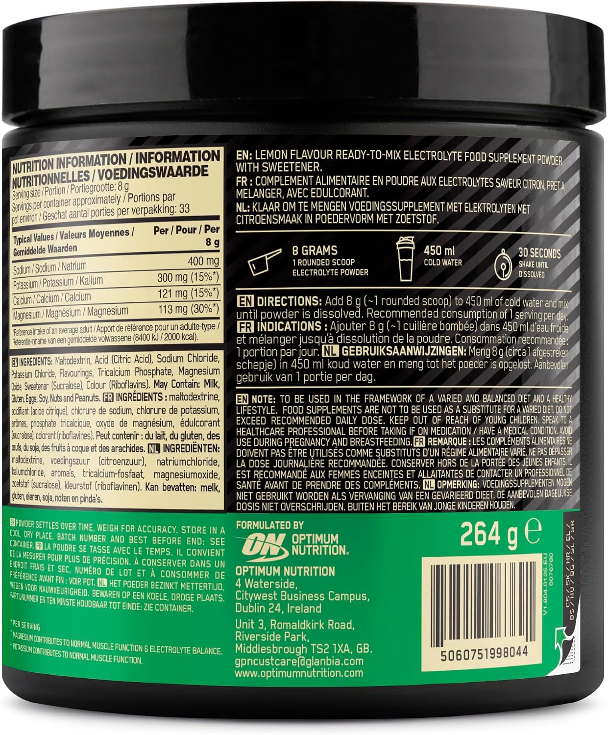 Optimum Nutrition Electrolyte Powder Lemon 264g – Zero Sugar Hydration & Electrolyte Support