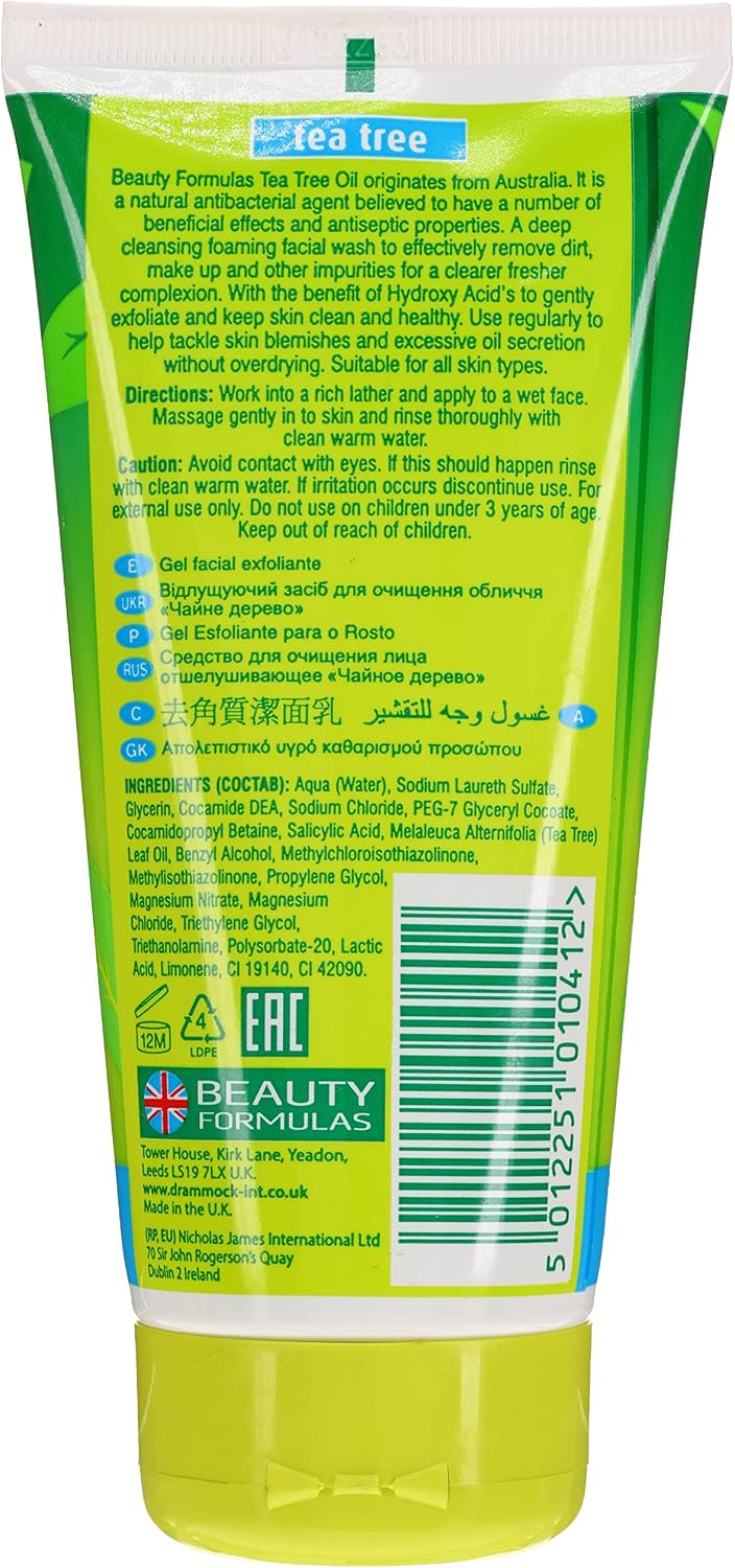 Beauty Formulas Tea Tree Exfoliating Facial Wash 150ml – Salicylic Acid For Oily & Blemish-prone Skin