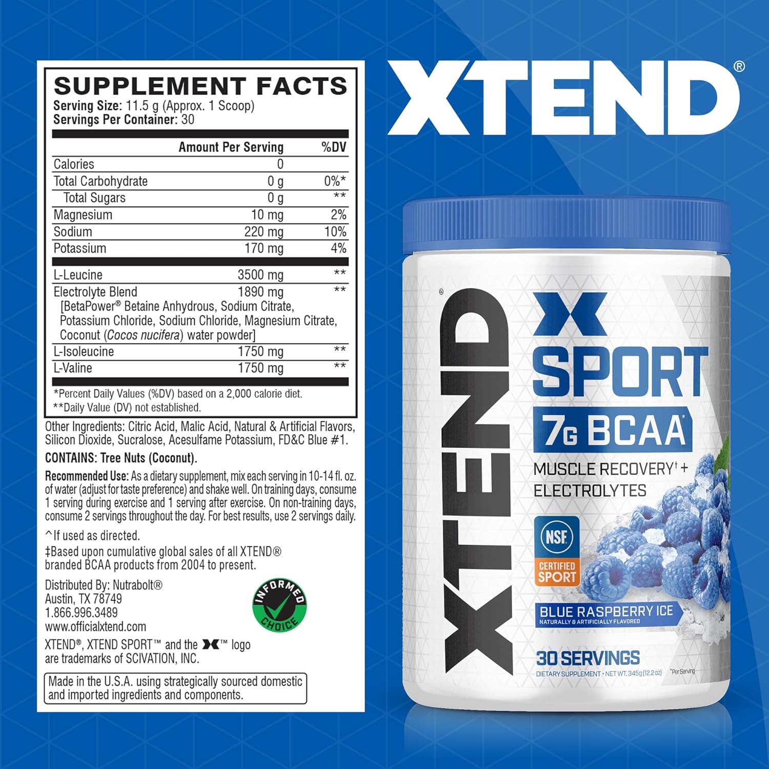 Scivation Xtend Bcaa Blue Raspberry Ice For Muscle Recovery & Hydration 30 Servings