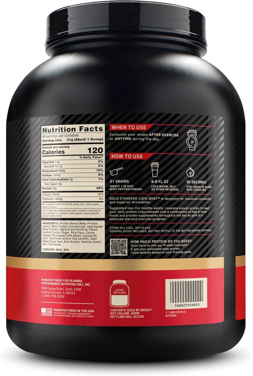 Optimum Nutrition Gold Standard 100% Whey Protein Cookies & Cream 4.65lb – 24g Protein for Muscle Support & Recovery
