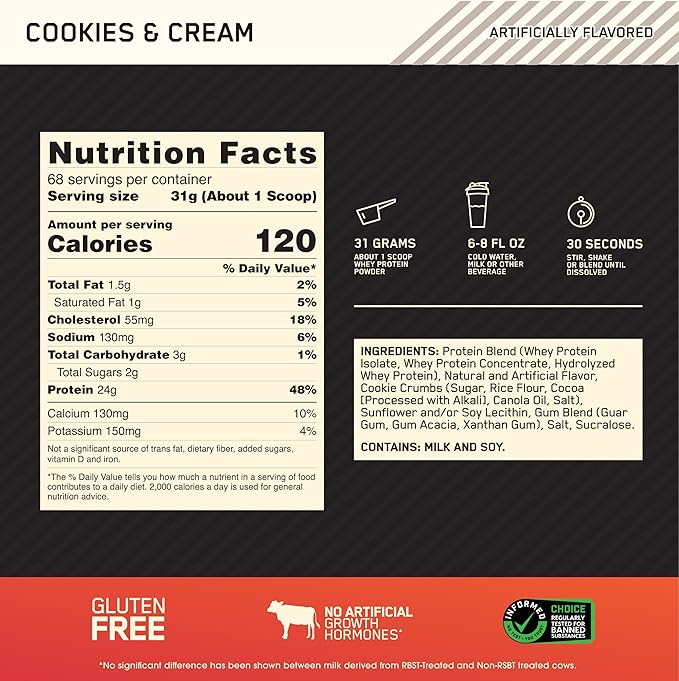 Optimum Nutrition Gold Standard 100% Whey Protein Cookies & Cream 4.65lb – 24g Protein for Muscle Support & Recovery