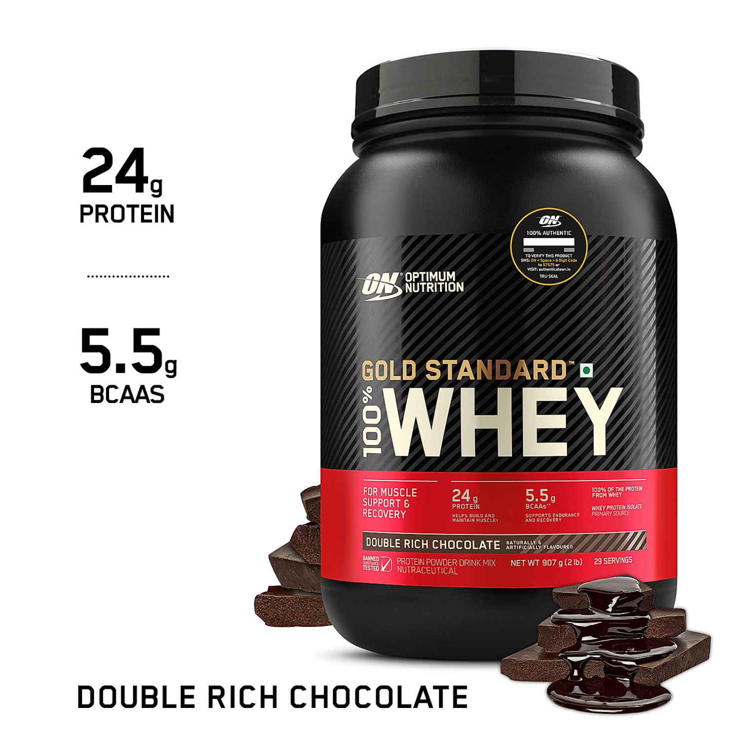 Optimum Nutrition Gold Standard 100% Whey Protein Double Rich Chocolate 2lb with 24g Protein, 5.5g BCAAs & 4g Glutamine Naturally Occurring