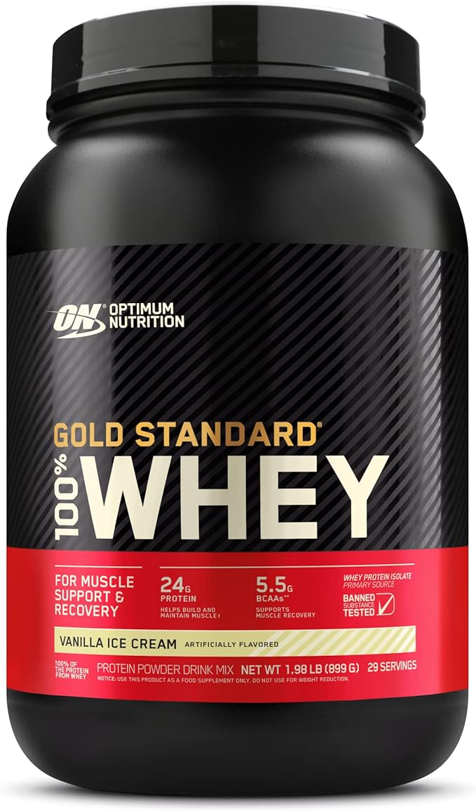 Optimum Nutrition Gold Standard 100% Whey Protein Vanilla Ice Cream 2lb with 24g Protein, 5.5g BCAAs & 4g Glutamine Naturally Occurring