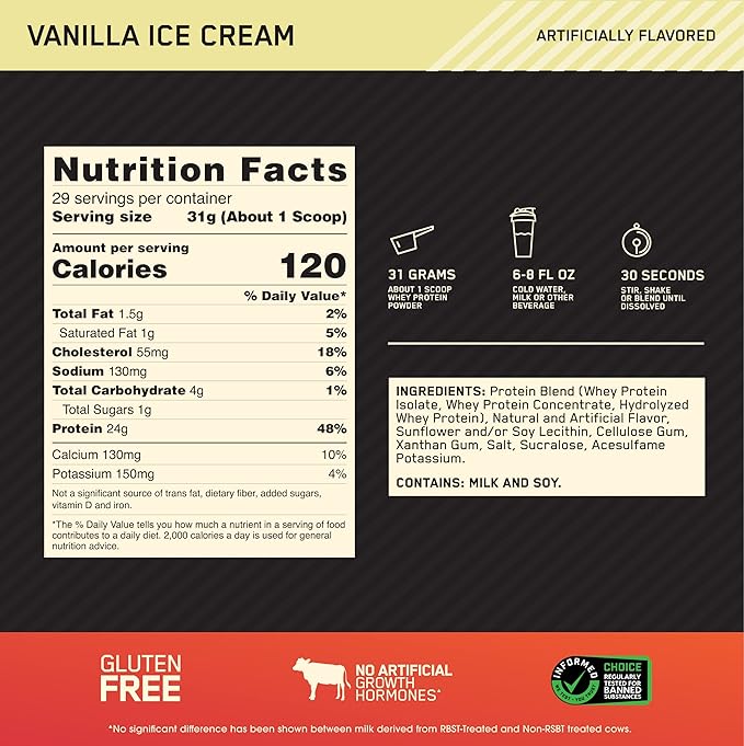 Optimum Nutrition Gold Standard 100% Whey Protein Vanilla Ice Cream 2lb with 24g Protein, 5.5g BCAAs & 4g Glutamine Naturally Occurring