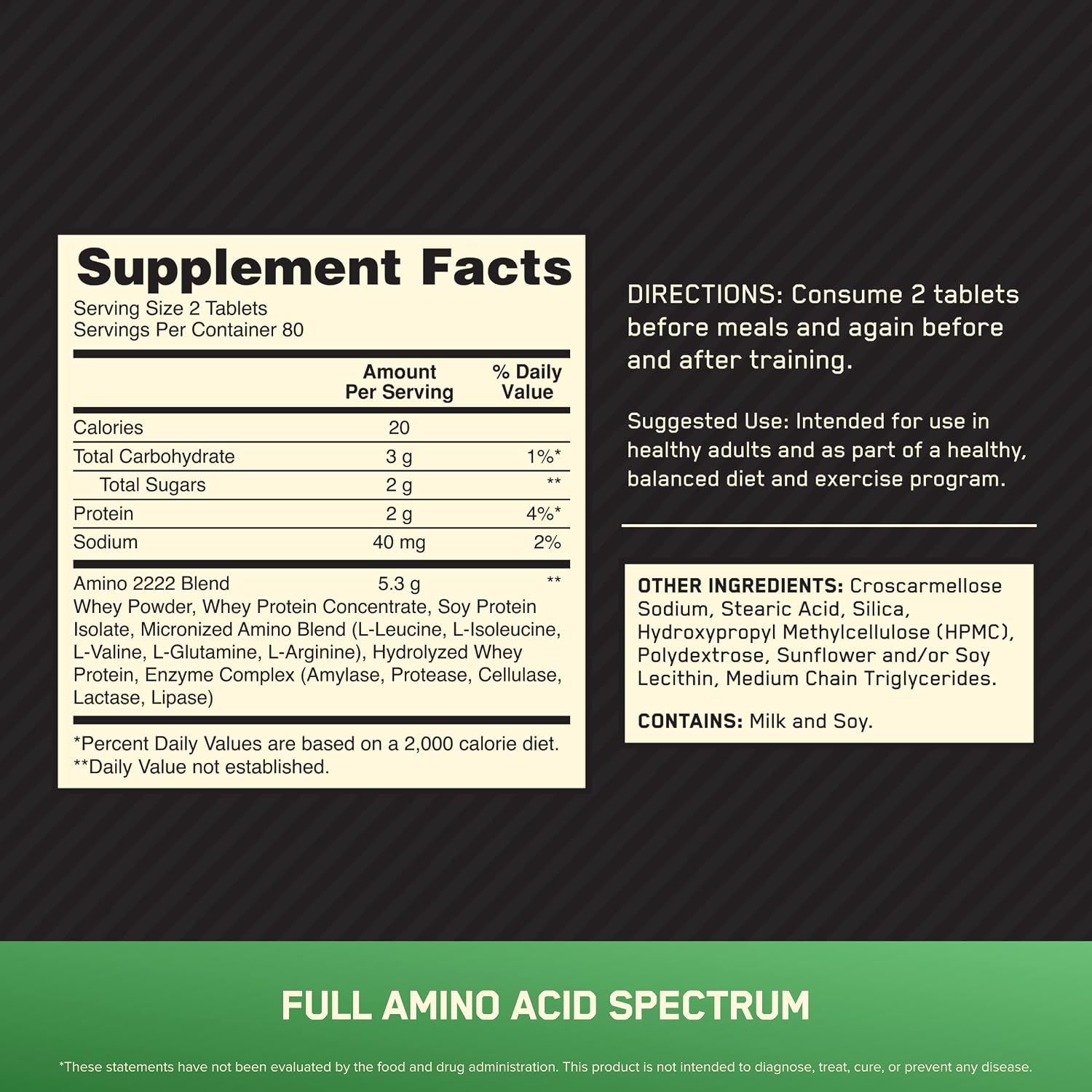 Optimum Nutrition Superior Amino 2222 Tablets 320's – 2,222mg Full-Spectrum Amino Acids for Muscle Support