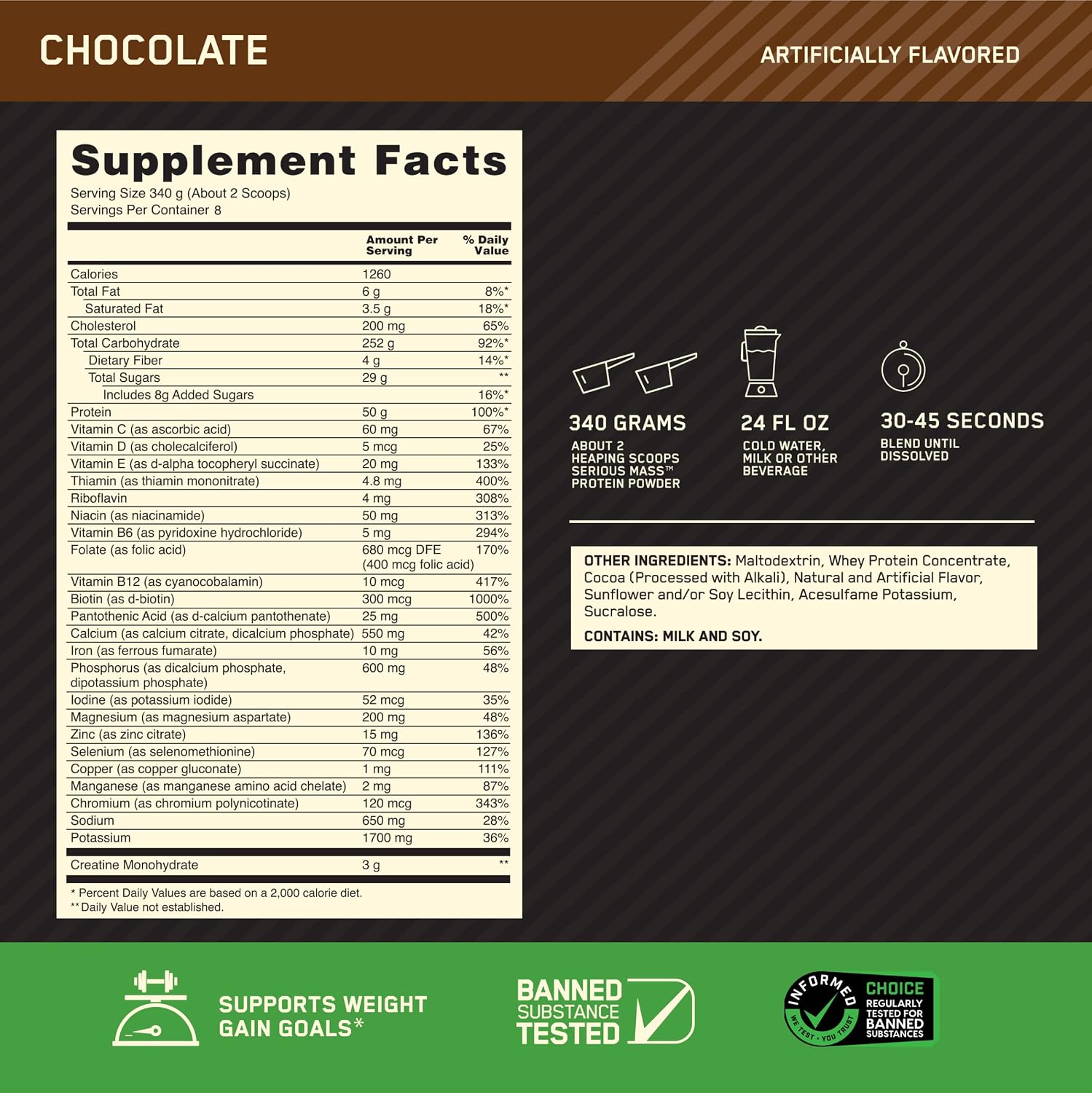 Optimum Nutrition Serious Mass Chocolate 6 lb (2.72 kg) High-Calorie Weight Gainer with 50g Protein, 250g+ Carbs & Creatine for Muscle Mass & Weight Gain