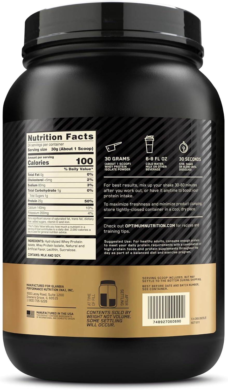 Optimum Nutrition Gold Standard 100% Isolate Rich Vanilla 1.58 lb (720g) with 25g Hydrolyzed Whey Protein Isolate & 5.5g BCAAs for Lean Muscle Recovery
