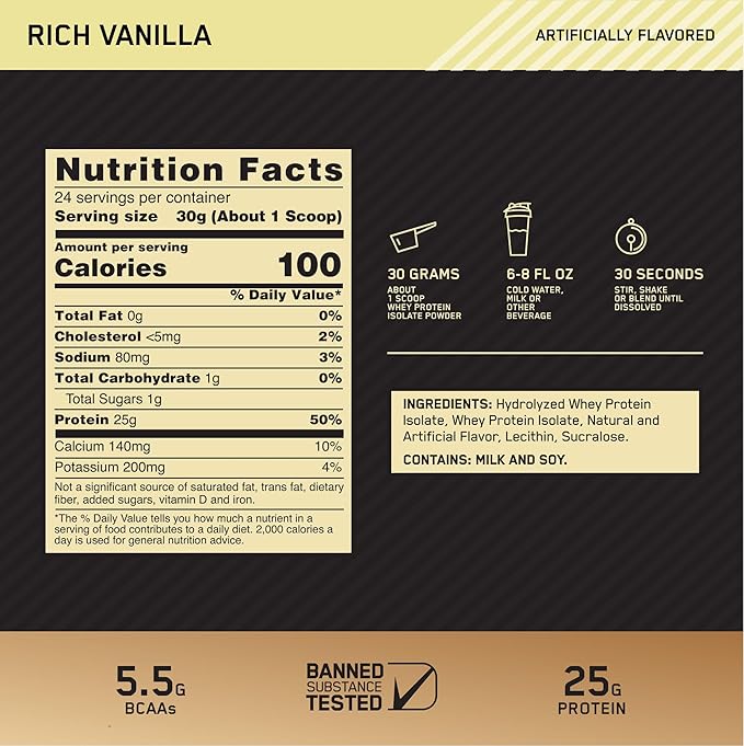 Optimum Nutrition Gold Standard 100% Isolate Rich Vanilla 1.58 lb (720g) with 25g Hydrolyzed Whey Protein Isolate & 5.5g BCAAs for Lean Muscle Recovery