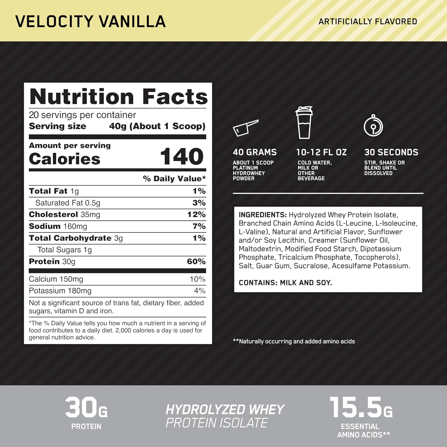 Optimum Nutrition Platinum Hydrowhey Velocity Vanilla 1.75lb (820g), 20 Servings With 30g Hydrolyzed Whey Protein & 8.8g Naturally Occurring Bcaas