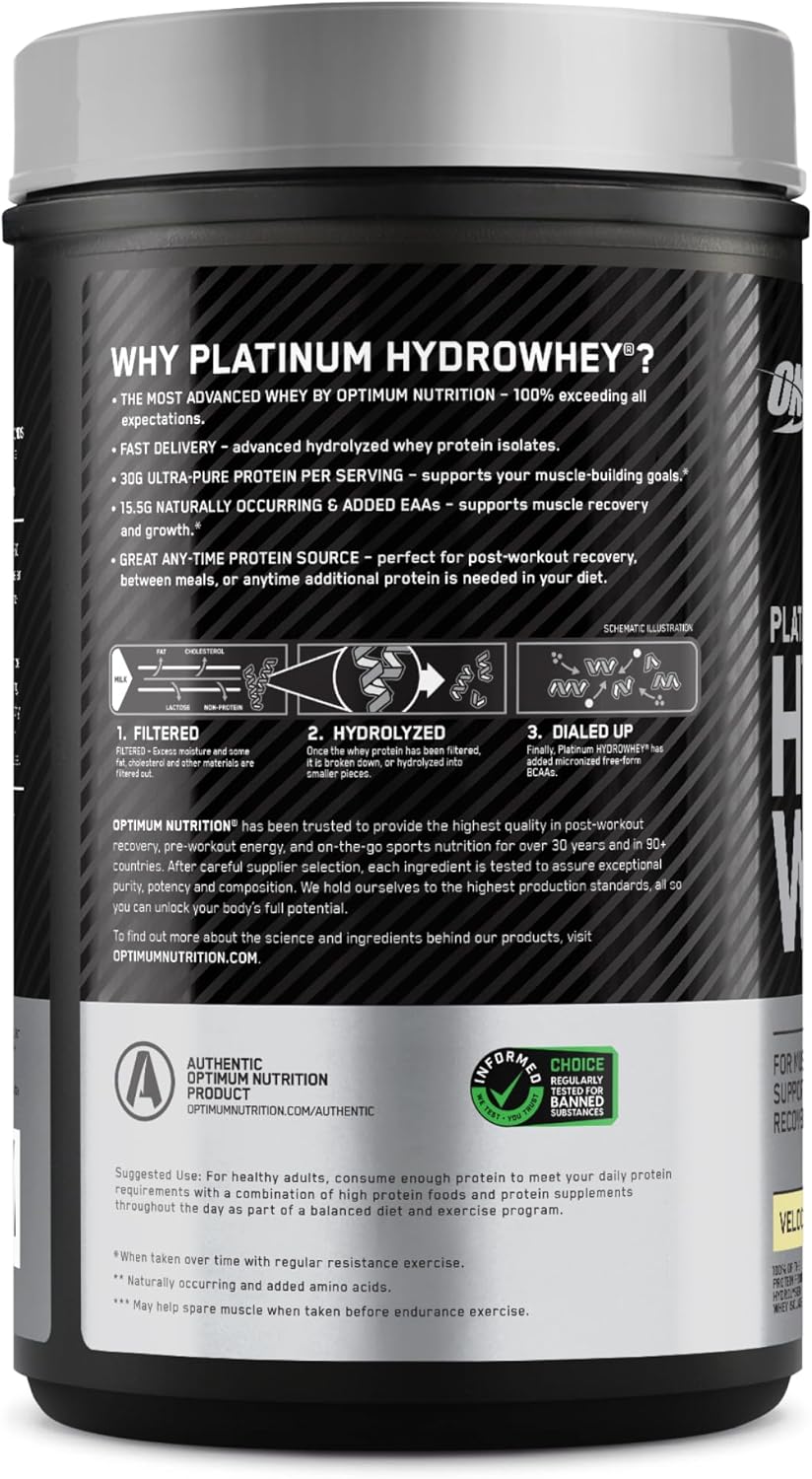 Optimum Nutrition Platinum Hydrowhey Velocity Vanilla 1.75lb (820g), 20 Servings With 30g Hydrolyzed Whey Protein & 8.8g Naturally Occurring Bcaas